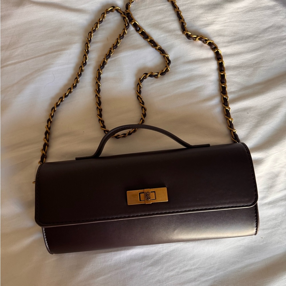 Elegant chocolate Leather Chain Strap Bag